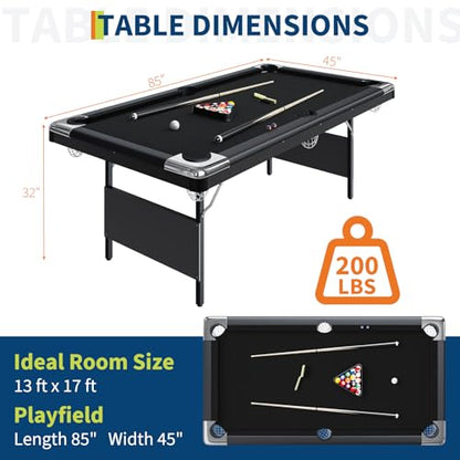 PeakPursuit 6 or 7 Ft Billiards Table, Portable Pool Table with Easy Folding for Storage, Pool Tables for Full Size with Billiard Complete Set of Accessories (Black, 7 FT)