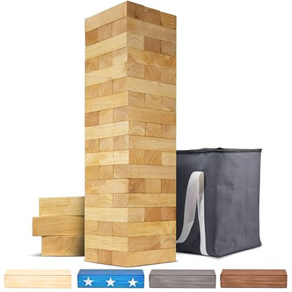 GoSports Giant Wooden Stacking Game - Stacks Up to 5 ft - Choose Brown Wood Stain, Gray, Natural, Stars & Stripes, or Tropical Hardwood - Toppling Tower - color: Natural