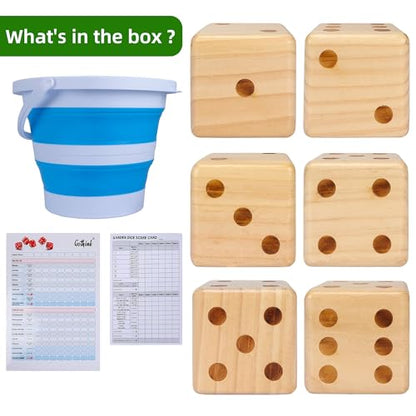 Gothink 3.5" Giant Wooden Yard Dice Set with Carrying Bag, Outdoor Dice Game Set with 6 Giant Dice, Collapsible Bucket, Sheet Score Pads, Laminated Score Cards