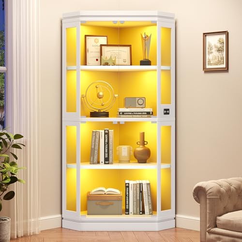 Jocoevol Corner Display Cabinet with 4 Glass Doors, 4-Tier Display Cases with RGB Lights for Collectibles, 67'' Tall Corner Curio Cabinet with Human Body Sensor for Living/Game Room (White)