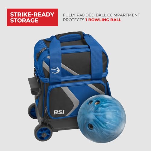 BSI Dash Roller Bowling Bag with Smooth Rolling Wheels, Padded Ball Compartment, Retractable Locking Handle, & Shoe Pocket - color: Black/Blue/Gray, style: Single