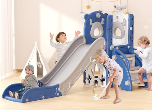 YUFU 7 in 1 Kids Slide for Toddlers, Toddler Slide Playset with Golf, Climber, Basketball Hoop and Ball, Indoor Outdoor Toddler Playground for Kids Age 1-3 (Blue) - color: Blue