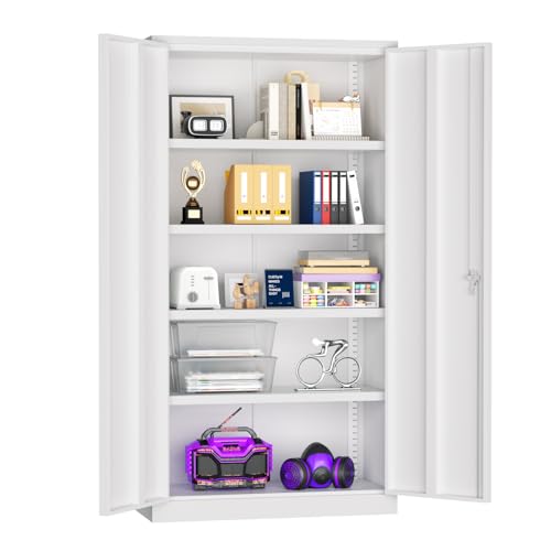 Superday Metal Storage Cabinets, 72" Storage Cabinet with Locking Door, Tall Garage Cabinet with 2 Doors and 4 Adjustable Shelves for Home Office, Classroom, Easy Assemble(White) - color: White, size: 72" Storage Cabinet