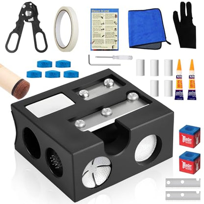 Billiards Pool Cue Tip Shaper, Pool Cue Tips Replacement Kit, Pool Cue Shaper, Pool Cue Tip Tool, Pool Cue Tips Repair Tool for Replacement and Shaping Cue Tips - color: Black 12 in 1