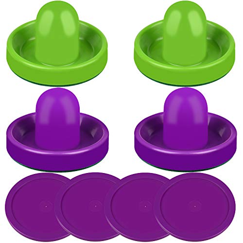 ONE250 Air Hockey Pushers and Red Air Hockey Pucks, Goal Handles Paddles Replacement Accessories for Game Tables (4 Striker, 4 Puck Pack) - color: Purple & Green