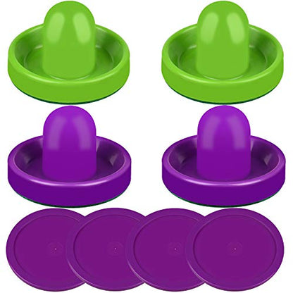 ONE250 Air Hockey Pushers and Red Air Hockey Pucks, Goal Handles Paddles Replacement Accessories for Game Tables (4 Striker, 4 Puck Pack) - color: Purple & Green