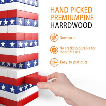 Nattork Giant Tumbling Tower (Stack from 1.77Ft to 4+ Ft), Wood Stacking Giant Blocks Game| Made from Premium Pine Wood| Ideal for Family, 54PCS Stars - color: National Flag