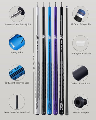 CRICAL Carbon Fiber Pool Cue Stick - 58" Low Deflection Professional Pool Cue with Pro Taper Shaft, 3D Anti-Slip Wrapless Grip, 12.5mm Tip & 3/8x8 Joint Billiard Stick for Enhanced Control & Accuracy - color: CL-PD-Set1 Blue