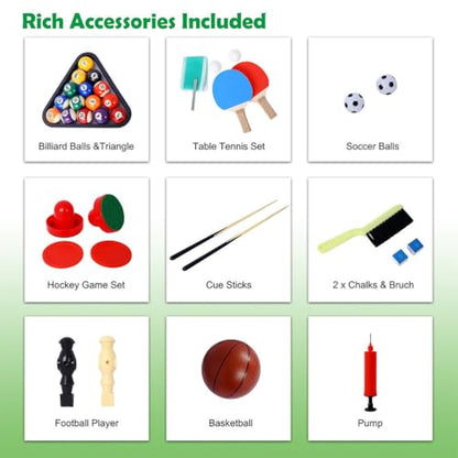 5-in-1 Multi Game Table, 43 Inch Indoor Sports Arcade Table with Foosball, Pool Billiards, Table Tennis, Push Hockey & Basketball, Complete Accessories Included for Kids, Teens & Family Game Ro
