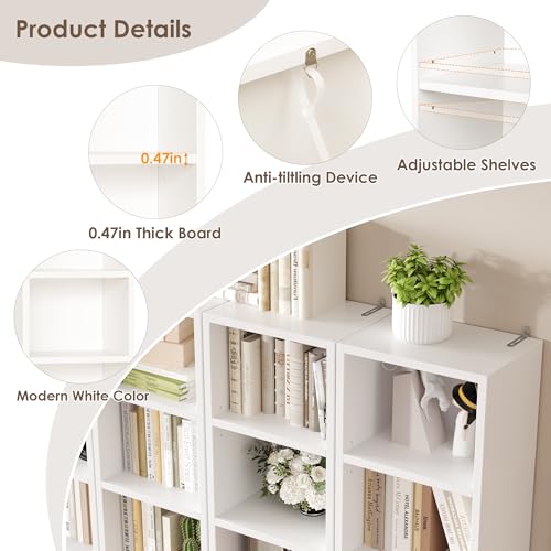 FOTOSOK White Bookshelf 8-Tier Narrow Bookshelf, 11.6 X 9.3 X 70.9 Tall CD DVD Media Tower Rack with 4 Adjustable Shelves, Tall Narrow Bookcase Slim Display Bookshelf with Cube Storage for Home Office - color: White