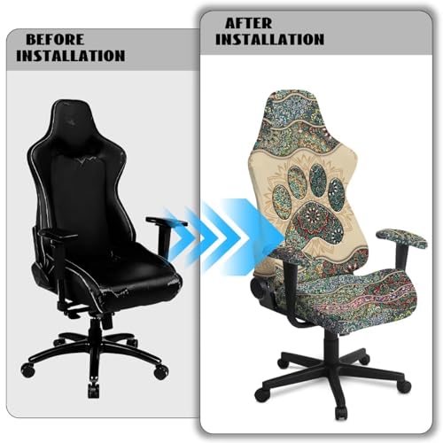 Suobstales Boho Paw Print Gaming Chair Cover with Armrest Covers 4 Pieces Stretch Racing Computer Chair Slipcover Set for Reclining Racing Gaming Chair - color: Boho Paw