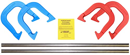 Challenger Professional Pitching Horseshoes- Made in The USA - color: Red & Blue- Complete Game Set (4 Horseshoes, 2 stakes & rule book)