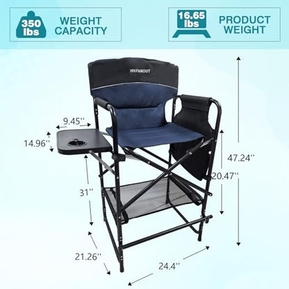 Tall Folding Director Chair 30.7" Seat Height Foldable Bar Stool for Makeup Artist Face Painting with Side Table Carry Bag and Cosmetic Bag Supports 350LBS - color: Navy-padded