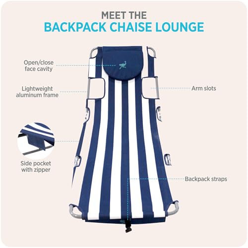 Ostrich the Backpack Chaise Lounge, Folding & Reclining Outdoor Beach Chaise Lounger Chair for Lawn, Pool, Patio, Garden, and Yard, Blue Stripe - color: Striped, style: Backpack Chaise