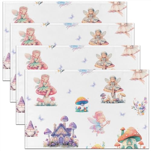Erosebridal Set of 4 Mushroom Placemats 12X18 Inch,Cartoon Dreamy Fantasy Butterfly Place Mats for Children Kids Gilrs,Romantic Princess Dwarf Floral Fairy Flowers Leaves Waterproof Placemats - color: Cream Purple Pink