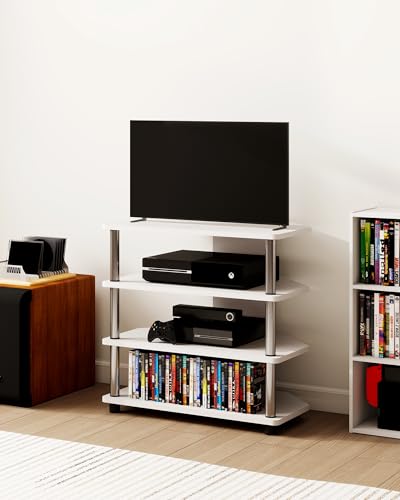 AV Media Stand, 4-Tier Game Console Stand with Open Shelves Media Center for Bedroom Dorm Living Room, Fits TV up to 32” - color: White