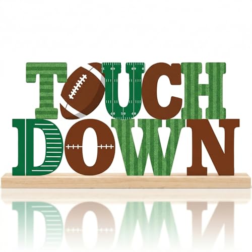 Touch Down Football Table Decorations Game Day Metal Table Sign with Wooden Base Football Sports Theme Tabletop Centerpieces for Man Boys Super Bowl Tiered Tray Decor Party Room Decor - style: Touch Down Football
