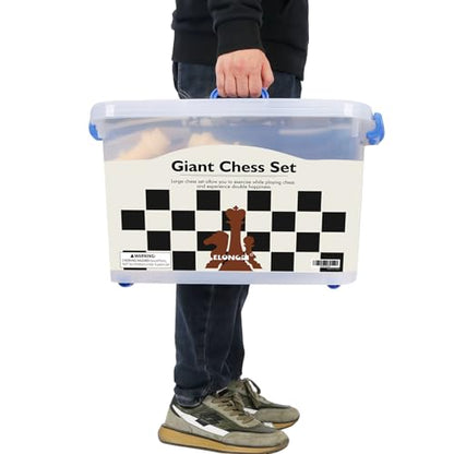 ELONGDI Giant Outdoor Chess Set Oversized Plastic Chess Pieces with Bases Lightweight 71" Chess Mat Floor Games for Kids and Adults - 9.8 Inches Tall King & Storage Bins with Lids