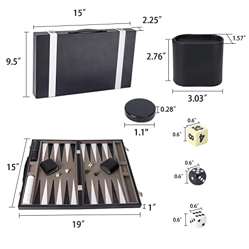 GSE Premium Leather Backgammon Board Game Set, Black&Grey, Medium | Premium Leather, Travel Folding Board, Classic Game Set, Leather Case Included - color: Leather-black&grey, size: Medium