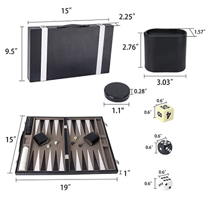 GSE Premium Leather Backgammon Board Game Set, Black&Grey, Medium | Premium Leather, Travel Folding Board, Classic Game Set, Leather Case Included - color: Leather-black&grey, size: Medium