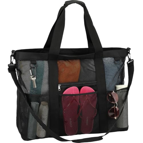 GYEUKHAM Mesh Beach Bag for Women, Sand-Resistant Pool Tote, 9 Pockets (1 Inner Zip), Foldable Family Travel Essentials - color: Extra Large - Black