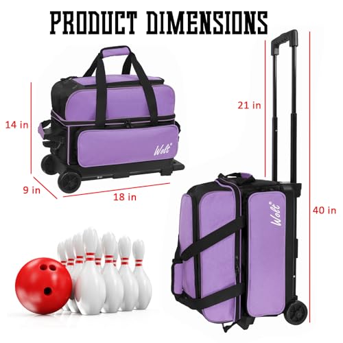 WOLT Double Roller 2 Ball Bowling Bag with Separate Shoe Compartment, Large Capacity Bowling Ball Bag with Accessory Pocket, Retractable Handle Extends to 40" - color: Purple