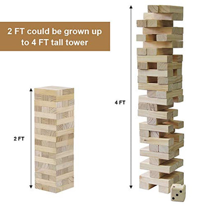 Juegoal 54 Pieces Giant Tumble Tower Blocks Game Giant Wood Stacking Game with 1 Dice Set Canvas Bag - color: Wood Color, size: Large