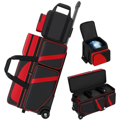 4 Ball Bowling Bags with Wheels, Bowling Ball Bag with Multi-Pockets,4 Ball Bowling Bag with Secure Buckle Fixed Ball Cup & Shoe Compartment,3 Ball Bowling Bag+1 Ball Color Matching Add On Tote - color: red 3+1