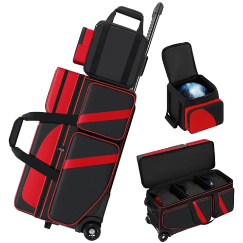 4 Ball Bowling Bags with Wheels, Bowling Ball Bag with Multi-Pockets,4 Ball Bowling Bag with Secure Buckle Fixed Ball Cup & Shoe Compartment,3 Ball Bowling Bag+1 Ball Color Matching Add On Tote - color: red 3+1