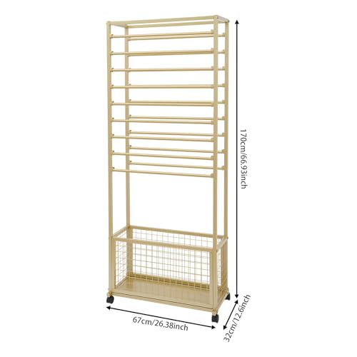 JenyunTech 20 Tier Ribbon Organizer, Double-Sided Flower Cart Display Stand, Multifunctional Display Shelf with Wheels and Storage Basket for Wrapping Paper, Scarves, Shawls - color: 20-Tier, 26in, Gold