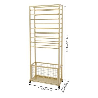 JenyunTech 20 Tier Ribbon Organizer, Double-Sided Flower Cart Display Stand, Multifunctional Display Shelf with Wheels and Storage Basket for Wrapping Paper, Scarves, Shawls - color: 20-Tier, 26in, Gold