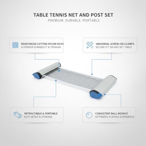 Table Tennis Net and Post Set, Durable Nylon Mesh Replacement Kit with Screw-On Clamps for Standard 9ft Tables