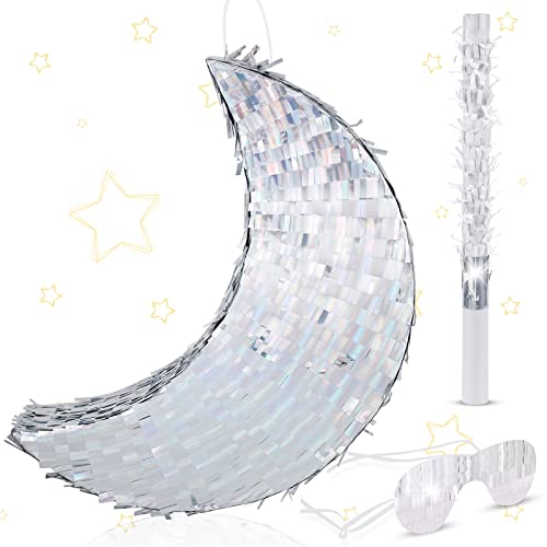 Deekin Silver Moon Piñata Hanging Gender Reveal Piñata Half Moon Decorations with Blindfold and Stick for Birthday Party Supplies, 15.7 x 6.5 x 3 Inches - style: Silver Moon