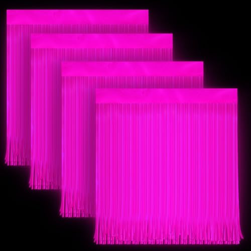 4 Pack Glow in The Dark Curtains Party Supplies 6.6 x 3.3 Ft Glow Tinsel Foil Fringe Curtains Purple Photo Booth Prop Backdrop Streamer for Birthday Holiday Neon Party Decorations - color: Purple, size: 4 Pack