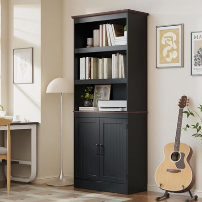 MHOM 71" Tall Bookshelf with Doors, 5 Tiers Farmhouse Bookcase with Adjustable Shelves, Wooden Rustic Display Cabinet for Home Office, Living Room, Black