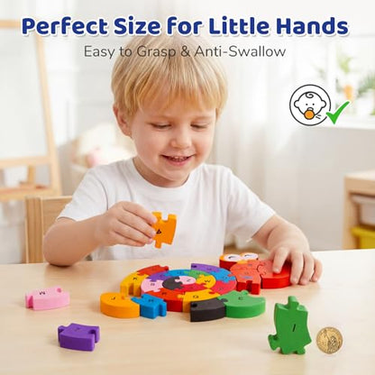 LovesTown Wooden Puzzles for Kids, Double Sided Snail Jigsaw with Alphabet & Numbers, Montessori Educational Toy for Toddlers, Chunky Animal Gift - size: Medium, style: Snail