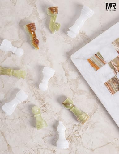 Marble Chess Set 12" Inches White and Green with Storage Box and 2 Extra Queen Handmade Classic Board Games for Adults, Luxury Chess Board & Marble Chess Set for Adults - color: White & Green Onyx