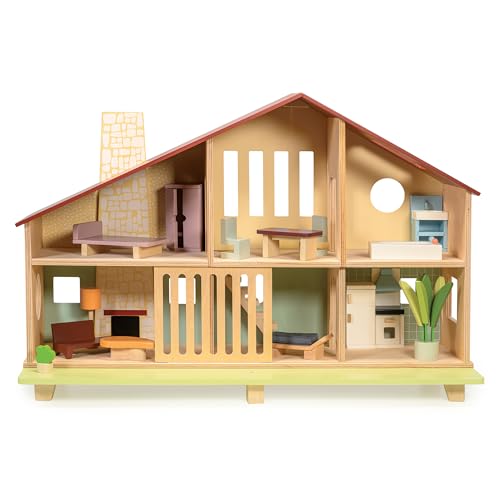 Mentari Toys - Cedar Chalet - Mid-Century Modern Dollhouse for Kids - Fully Furnished, Sustainable Rubberwood, Educational Toy for Toddlers & Preschoolers Age 3+