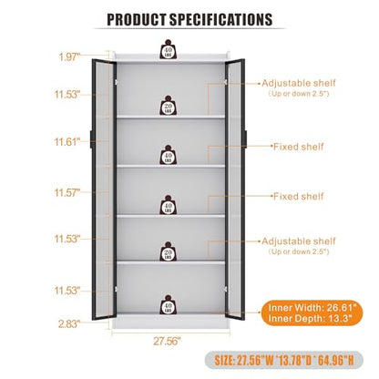 Dystler Display Cabinet with Doors and Adjustable Shelves, 65" Tall Bookcase with LED Lights/Human Sensor, 5 Tier Display Case for Collectibles Bedroom Living Room Office, White - color: White