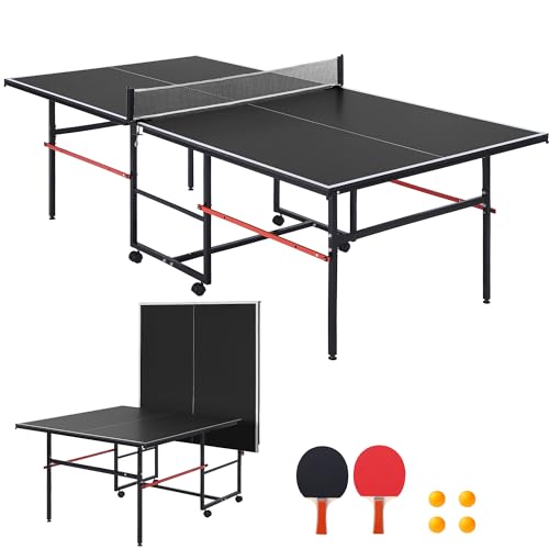 Garvee 8 ft Portable Ping Pong Table, Foldable Indoor Outdoor Table Tennis Set with Net, 2 Paddles and 3 Balls - Professional Game for Adults Teens, Quick Assembly, Single Player Playback Mode