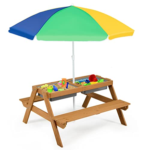 ARLIME Sand and Water Table - 3-in-1 Kids Picnic Table with Height Adjustable Umbrella, Removable Table Top & 2 Detachable Game Boxes, Water Play Table for Boys Girls, Outdoor Sensory Table (Colorful)