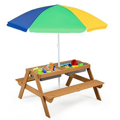 ARLIME Sand and Water Table - 3-in-1 Kids Picnic Table with Height Adjustable Umbrella, Removable Table Top & 2 Detachable Game Boxes, Water Play Table for Boys Girls, Outdoor Sensory Table (Colorful)