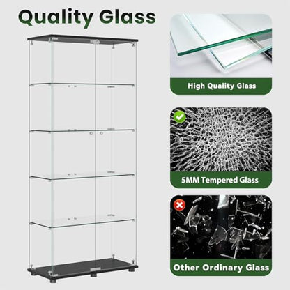 Glass Display Cabinet with 5-Shelf Double Doors and Lock, 5mm Tempered Glass Floor Standing Bookshelf for Living Room, Bedroom, Office, 72 x 32 x 14 in, Black - size: 72 x 32 x 14 in -5-Tier