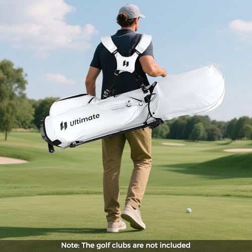 ULTIMATE Golf Stand Bag, 8-Way Golf Bag with 5 Pockets, Rain Hood, Detachable Dual Shoulder Strap, Lumbar Pad, Handles, Portable Golf Club Bag for Men & Women - color: White