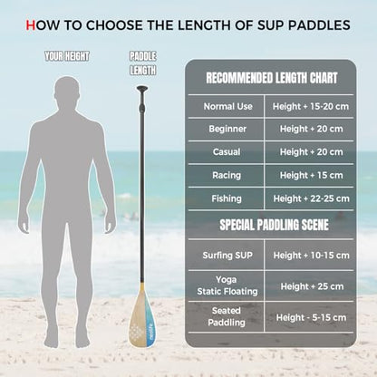 SUP Paddleboard Paddle with Carbon Fiber Shaft and Enhanced PP Blade, Adjustable Stand Up Paddle Board Paddle, 66-82" (170-210 cm), Bamboo Pattern Series - color: Bamboo&Geen Wave Pattern