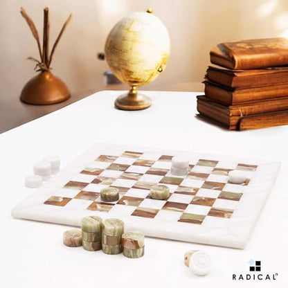 Radicaln Marble Checkers Set 15" Inches White and Green Onyx Handmade Checker Board Game & Draughts Pieces for Outdoor Travel Games, Ideal Stone Chess and Checker Board Games for Adults - color: White and Onyx