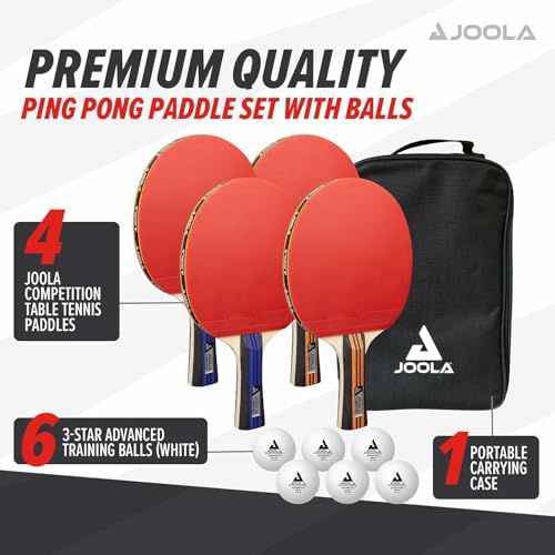 JOOLA Advanced Table Tennis Set Bundle – Includes 4 Premium Ping Pong Paddles, 6 3-Star Balls, and Carrying Case – Perfect for Competitive Play, + Bonus 60-Pack of 40+mm Orange JOOLA Training Balls