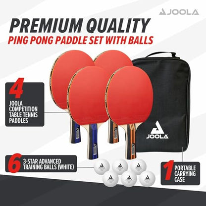 JOOLA Advanced Table Tennis Set Bundle – Includes 4 Premium Ping Pong Paddles, 6 3-Star Balls, and Carrying Case – Perfect for Competitive Play, + Bonus 60-Pack of 40+mm Orange JOOLA Training Balls