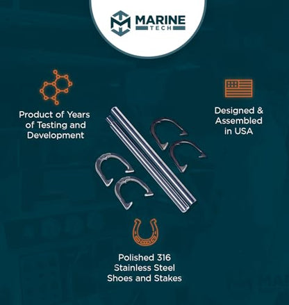 Marine Tech 316 Stainless Steel Horseshoe Game Set, Metal Horseshoe Set, Steel Horseshoes and Stakes, Perfect Backyard Games, Beach
