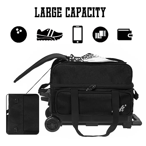 WOLT Double Roller 2 Ball Bowling Bag with Separate Shoe Compartment, Large Capacity Bowling Ball Bag with Accessory Pocket, Retractable Handle Extends to 40" - color: Black